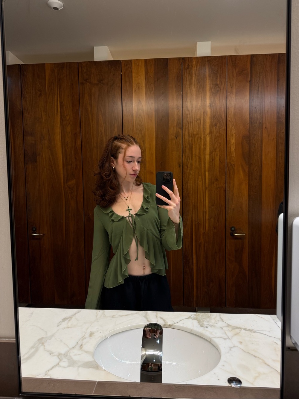 RIHOAS Olive Green Ruffle Tie-Front Crop Top